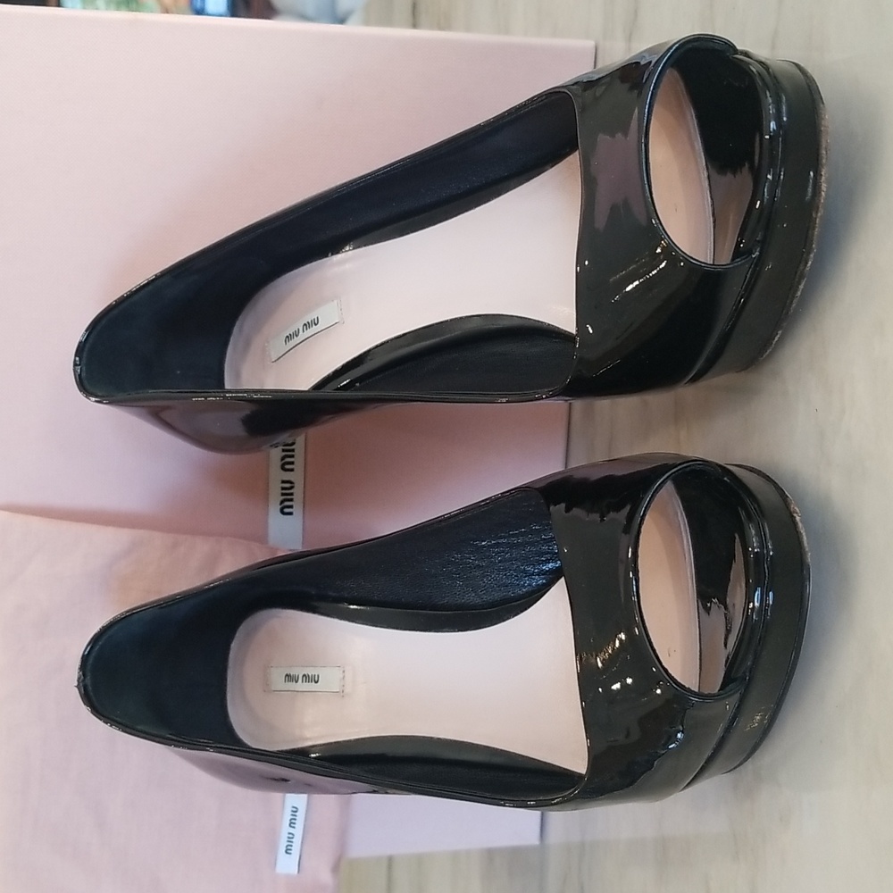 MiuMiu Black Patten Leather open toe 5" heels